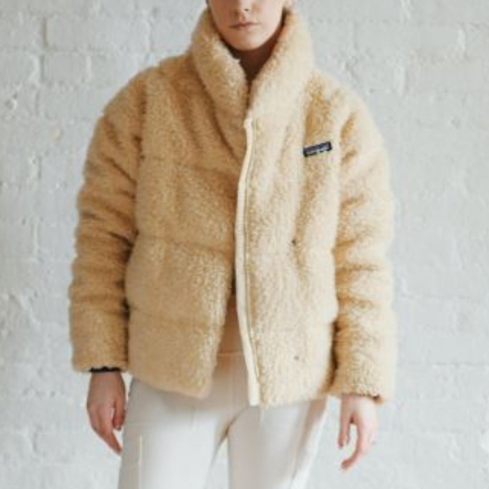 NEW Patagonia W Recycled High Pile Fleece Down Jacket Womens Large Oyster White